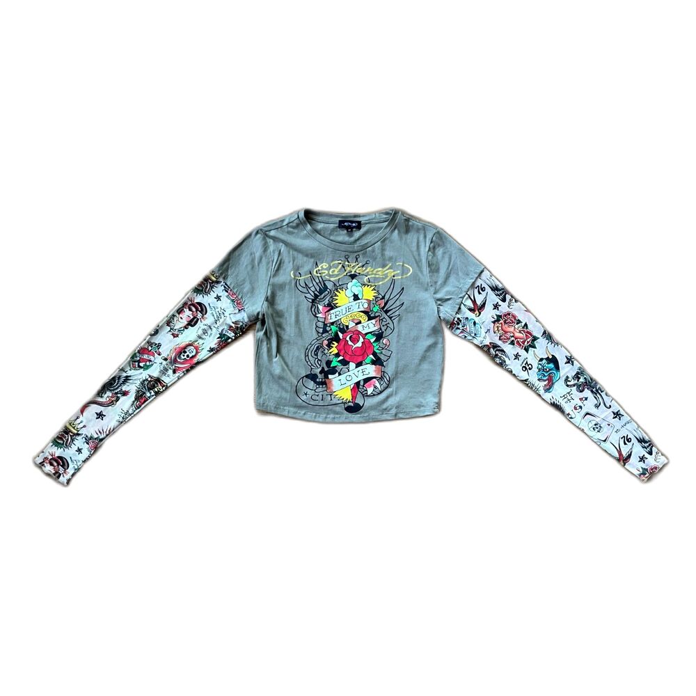 Ed Hardy Y2K 90s Tattoo Sleeve Crop Tee Shirt Top  Women's Size Medium - Picture 3 of 10